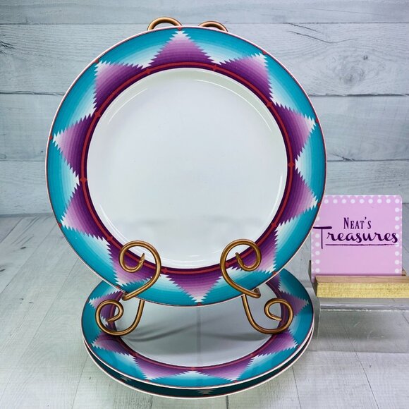 Furio MERIDA Aqua And Purple Geometric Rim Smooth Ceramic Dinner Plates Set of 3 - Picture 1 of 16
